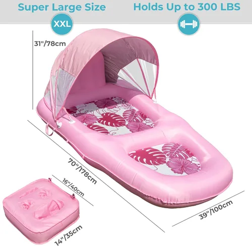 Vista 3 de Fabric Covered Inflatable Pool Lounger Float Adult, 70"x39" Extra Large Pool Float w/ UPF50+ Sunshade Canopy & Cupholder Caddy, Water Floaties Raft
