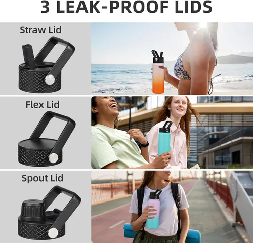 Vista 3 de BJPKPK Botellas de Agua Aisladas con Tapa de Pajita, Botella de Agua de Acero Inoxidable de 18oz, Termo Frío Caliente con 3 Tapas, Vaso de Viaje a