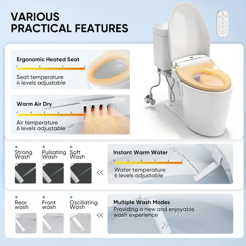 Vista 2 de LEIVI Asiento de inodoro eléctrico con control remoto inalámbrico y panel lateral, múltiples modos de pulverización, asiento con calefacción