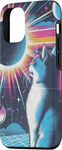 Vista 2 de iPhone 15 Cat Solar Eclipse - Synthwave Retro Poster Style Case