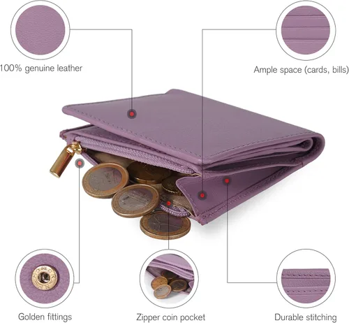 Vista 3 de Billetera Oak Leathers para mujer de piel de grano completo - Pequeña con protección RFID, monedero para monedas, tarjetero de crédito y DNI
