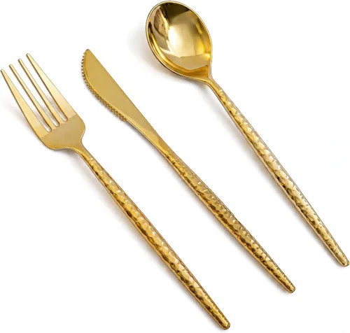 Vista 15 de MirthMood - 36 cubiertos de plástico dorados, cubiertos dorados desechables, utensilios desechables resistentes, juego de cubiertos de plástico