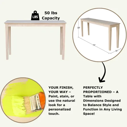 Vista 4 de International Concepts - Mesa consola Shaker, 48 pulgadas de largo, madera de parawood maciza, sin terminar