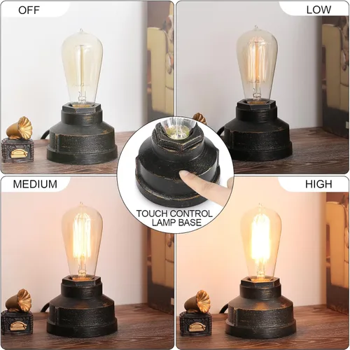 Vista 2 de Base de lámpara de mesa pequeña con control táctil, luz táctil industrial, base de bombilla Edison vintage, regulable para mesita de noche, luz