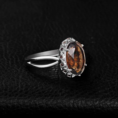 Vista 5 de JewelryPalace Anillos de cóctel ovalados enormes de cuarzo ahumado genuino de 5.7 quilates para ella, anillo de plata de ley 925 chapado en oro