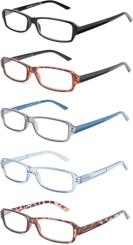 Vista 7 de Paquete de 5 lentes de lectura clásicos de plástico rectangular unisex para hombres y mujeres, negro, azul, gris y tortuga