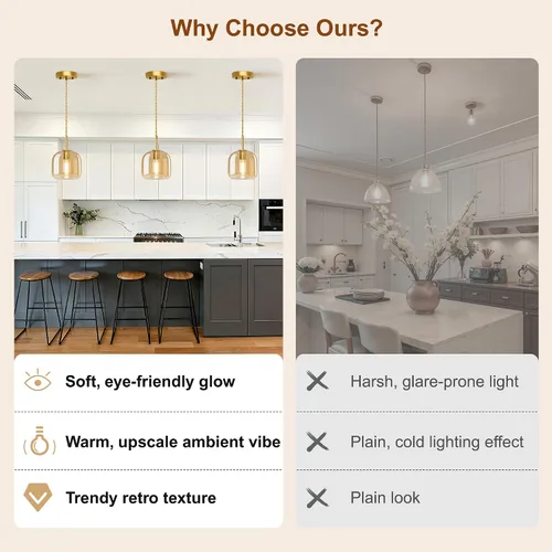 Vista 5 de Luces Colgantes de Isla de Cocina - Luz Colgante Dorada, Luces Colgantes de Latón Estilo Granja con Pantalla de Vidrio Ámbar, Luz Colgante Ajustable