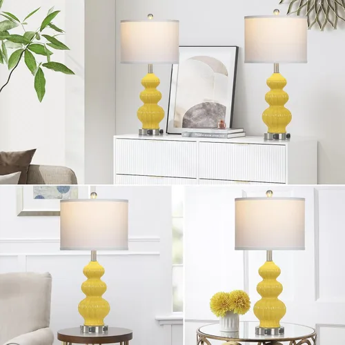 Vista 5 de Rinweey Juego de 2 lámparas de mesa de cerámica de triple calabaza, modernas lámparas de noche amarillas con puertos USB A+C y salida de CA, control