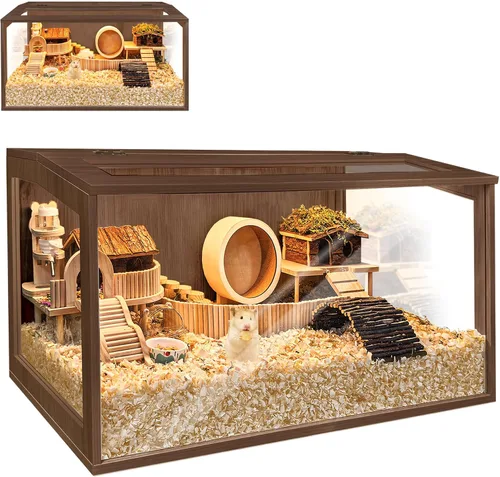 Vista 10 de PROLEE Jaula para hámster con parte superior de madera a prueba de masticación, jaulas de conejillo de indias, hábitat para hámster con hojas Roble