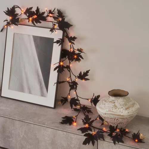 Vista 5 de Birchlitland - Guirnalda negra de Halloween de maple con luces, temporizador, 48 LED, luces de hadas naranjas y blancas cálidas, funciona