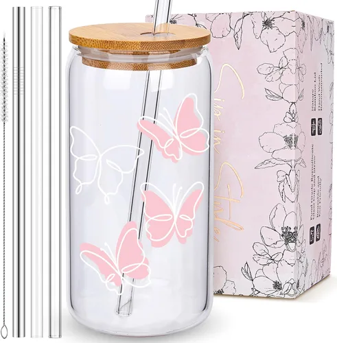 Vista 8 de BIPEDS Coquette Tazas de vidrio lindas con moño rosa y tapas y pajitas, taza de café helado estética, taza de diseño preppy femenino, regalos