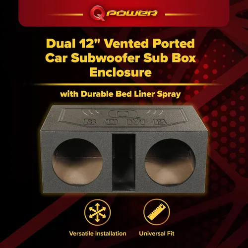Vista 2 de QPower - Caja de subwoofer con doble ventilación de 12 pulgadas, sistema de subwoofer con puerto, color negro, accesorios para sistemas de audio