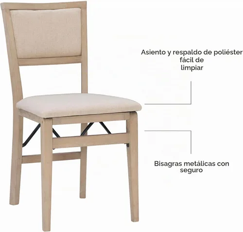 Vista 7 de Linon Keira Sillas plegables de madera rústica natural con asiento y respaldo acolchados en beige – Conjunto de 2