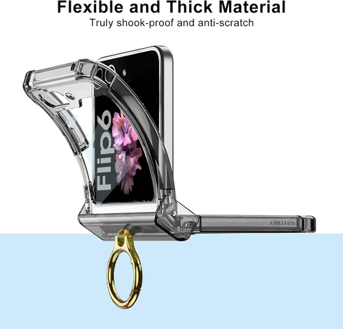 Vista 4 de Funda transparente para Samsung Galaxy Z Flip 6, protección de bisagra de lujo con soporte de anillo y protector de pantalla, funda suave todo Negro