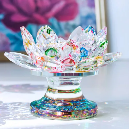 Vista 4 de H&D HYALINE & DORA Portavelas de loto de cristal multicolor (11.4 cm - Multi) K9 - Portavelas de loto de cristal para decoración del hogar, centro