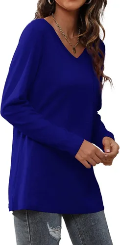 Vista 3 de Geifa Blusa de manga larga con cuello en V para mujer, holgada, casual, con bolsillo