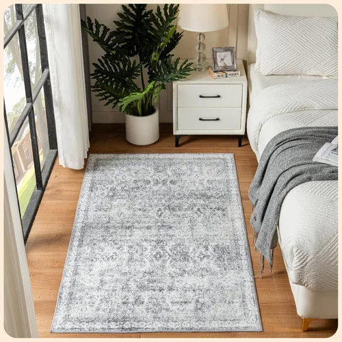 Vista 357 de Istana Alfombra larga antideslizante de 2.5 x 8 para el hogar, para pasillo y cocina, lavable, sedosa y suave al tacto, elegante, color azul y marfil