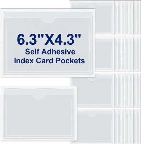 Vista 13 de Paquete de 30 bolsillos autoadhesivos para tarjetas de índice, con apertura superior, tarjetero ideal para organizar y proteger tus tarjetas