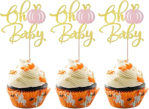 Vista 12 de Rsstarxi Paquete de 24 decoraciones de calabaza con purpurina para cupcakes de primer cumpleaños, decoración de pastel de calabaza para el primer
