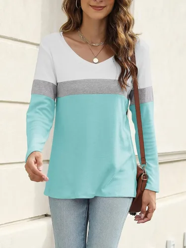 Vista 3 de Minetom Camisetas de manga larga con cuello en V para mujer, estilo casual, bloque de colorsólido, camisetas básicas