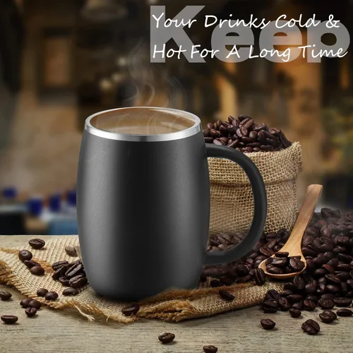 Vista 4 de Taza de café aislada de acero inoxidable de 14 onzas a prueba de derrames con tapa, taza de café de viaje de doble pared con asa, tazas de café