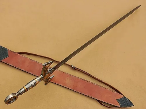 Vista 2 de Espada Templaria medieval hecha a mano, espada larga de Damasco sagrada con funda de cuero