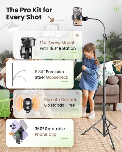Vista 10 de CAMBOFOTO - Trípode de 82 pulgadas de alto para iPhone con cuello de cisne y control remoto, soporte