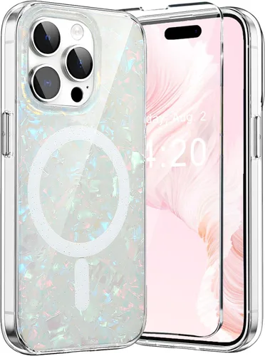 Vista 12 de Funda MagSafe para iPhone 15 Pro para mujeres y niñas, funda magnética iridiscente con purpurina iridiscente de ópalo perlado