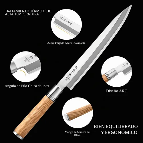 Vista 4 de Cuchillo Sashimi de 9.449 in,Cuchillo de sushi Yanagiba,Mango de madera de olivo con estuche de cuchillo de madera
