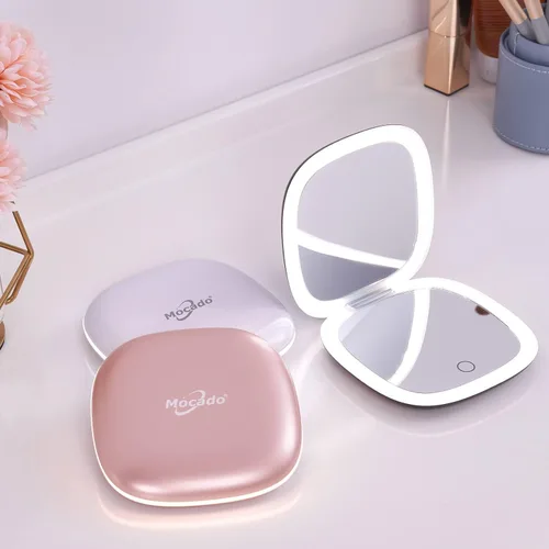 Vista 8 de Mocado Espejo de maquillaje compacto LED con aumento para viajes - 4 pulgadas 1X/10X de aumento, pequeño de bolsillo, doble cara, regulable, USB