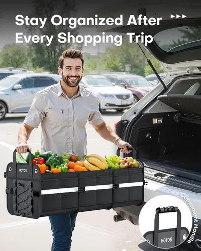 Vista 9 de HOTOR Organizador de maletero para SUV – Caja de almacenamiento de coche con tiras reflectantes, organizador plegable de coche con gran capacidad