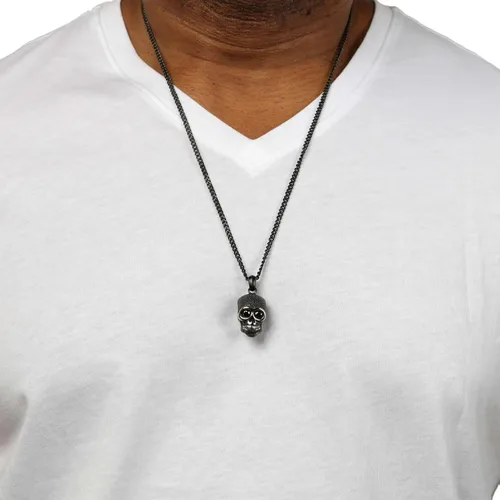 Vista 2 de Metro Jewelry Collar con colgante de calavera chapada en iones de diamante negro para hombres en acero inoxidable de 24 pulgadas con cadena redonda