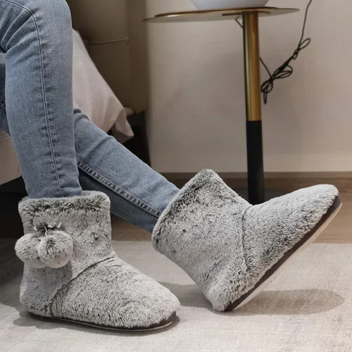 Vista 2 de DL Pantuflas bonitas para mujer, con forro polar mullido, espuma viscoelástica, zapatos de casa, para invierno, con pompones