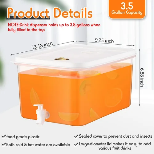Vista 2 de Domensi Paquete de 2 dispensadores de bebidas de 3.5 galones para nevera con grifo dispensador de agua, tapas a prueba de fugas, filtro de bebidas