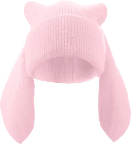 Vista 10 de Gorro de conejo para mujer, lindo conejo de ganchillo, gorro de invierno, cálido gorro de calavera para esquí al aire libre