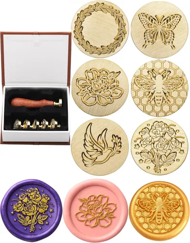 Vista 10 de Yoption Juego de sellos de cera de 6 piezas, sé nuestro invitado, estrella, corazón, kit de sellos de sellado de plantas con mango de madera