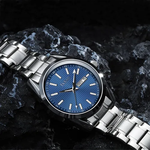Vista 8 de Taxau Reloj minimalista para hombre, reloj de cuarzo de acero inoxidable para hombre con fecha, reloj clásico de cara grande impermeable para hombre