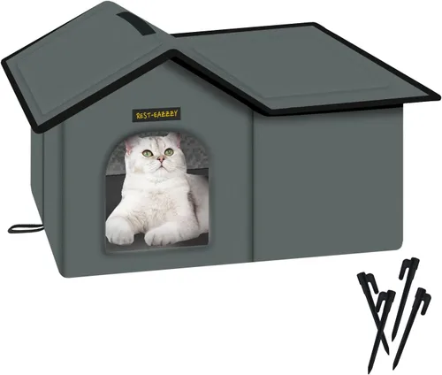 Vista 14 de Rest-Eazzzy Casa para gatos al aire libre, resistente a la intemperie y aislada, con alfombrilla y toldo, fácil de poner, refugio para gatos
