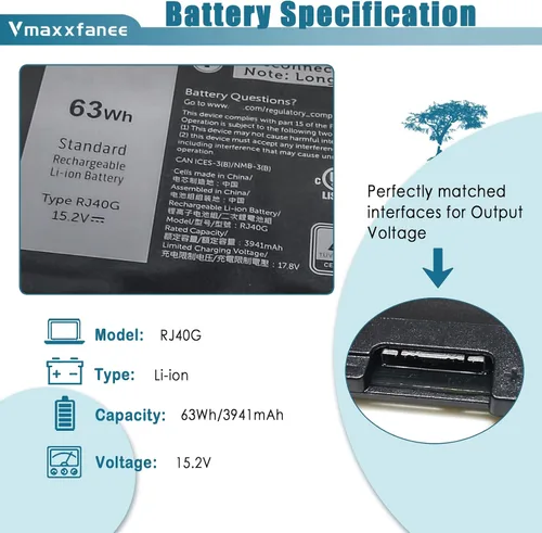 Vista 2 de Reemplazo de batería RJ40G 63Wh para Dell Latitude 14 5420 Latitude 15 5520 Precision 15 3560 Series Laptop 01K2CF 075X16 WY9DX P104F P104F001 P137G