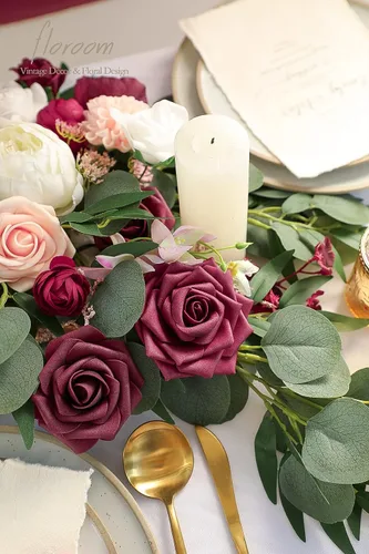 Vista 5 de Floroom Flores artificiales, 16 rosas de té híbridas de espuma de color burdeos de aspecto real de 3.5 pulgadas con tallos para bricolaje, ramos