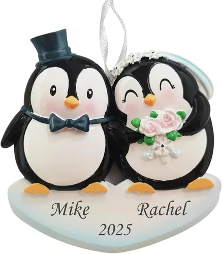 Vista 6 de Adorno de Navidad personalizado para parejas de pingüinos 2025, regalo personalizado para parejas, recién casados, parejas casadas y comprometidas