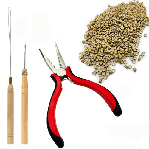 Vista 8 de Kit de herramientas de extensiones de cabello, accesorios profesionales de peluquería, 500 piezas de cuentas de microanillo, 1 alicate, 2 ganchos