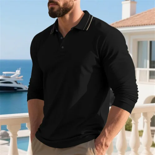 Vista 2 de Polo de manga larga para hombre, suéter clásico con botones, cuello en contraste, sudadera casual