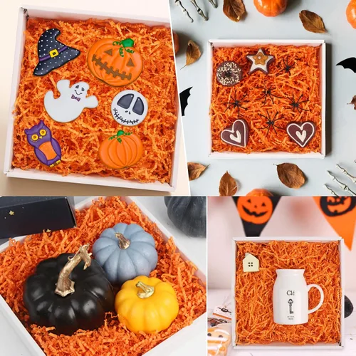 Vista 7 de LOMIMOS Triturador de papel de rafia naranja de Halloween, 8.8 onzas, para envolver regalos del día de Acción de Gracias, manualidades, embalaje