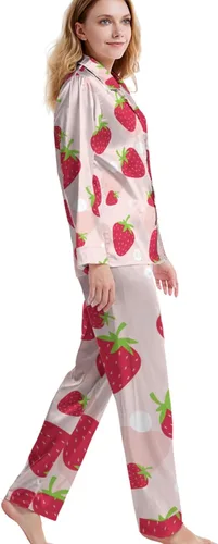 Vista 2 de ONDIAN Conjunto de pijama para mujer, ropa de dormir de manga larga rosa fresa