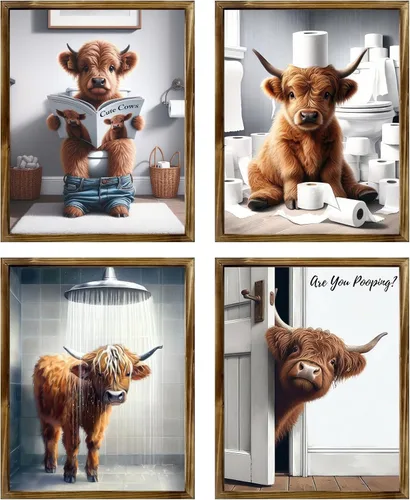 Vista 13 de Arte Divertido de Pared para Baño con Imágenes de Vaca de las Tierras Altas Escocesas, Decoración de Pared, Vaca Tierna en Bañera, Impresiones