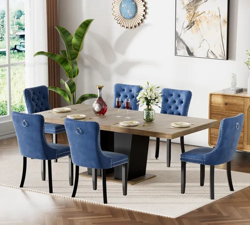 Vista 11 de Juego de mesa de comedor extensible de 63 a 79 pulgadas para 4, moderna mesa de cocina expandible con 4 sillas de terciopelo, mesa de madera gruesa
