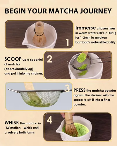 Vista 6 de Juego de batidor de bambú Matcha con 2 paquetes de batidor de bambú natural 100% Matcha, colador, cuchara para té y cuchara de té, Chasen