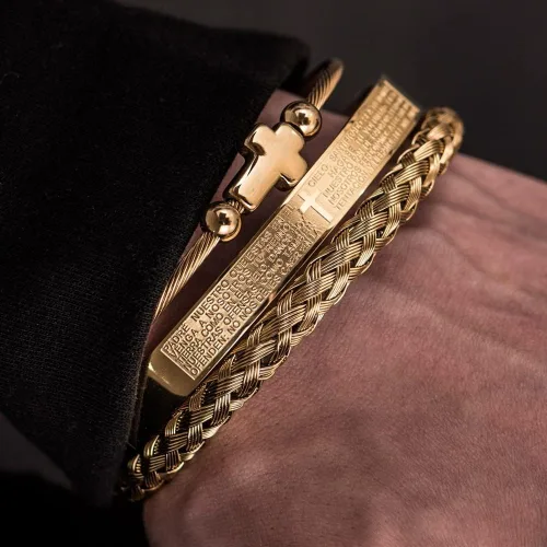 Vista 2 de Juego de pulseras de acero inoxidable Hip Hop para hombre joyería de cruz con dije abierto talla de la Escritura española JX5EU cruz plateada juego A