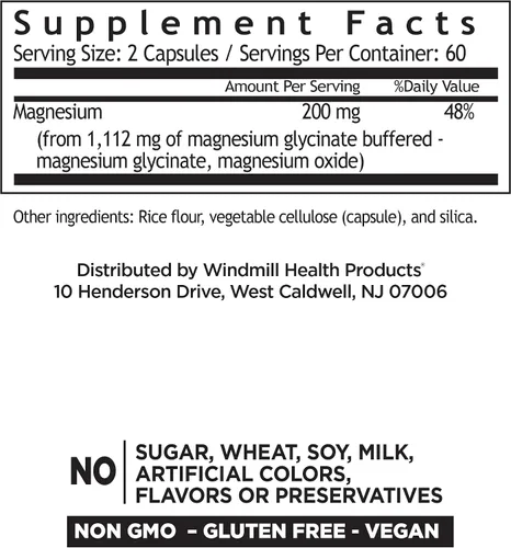 Vista 3 de Windmill Vitaminas naturales glicinato de magnesio 200 mg, apoya la salud muscular, articular y cardíaca, apoyo energético y óseo, cápsulas